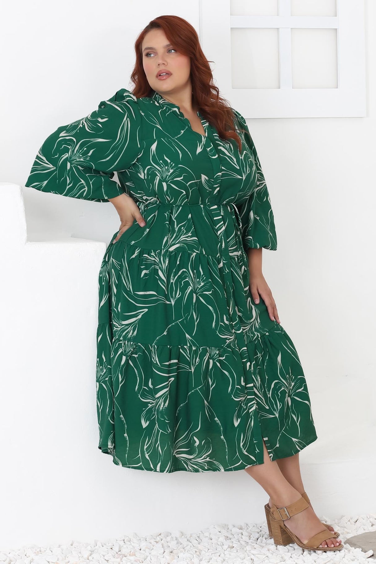 Brea Midi Dress - High Mandarin Collar Button Down Dress in Ivy Print Green