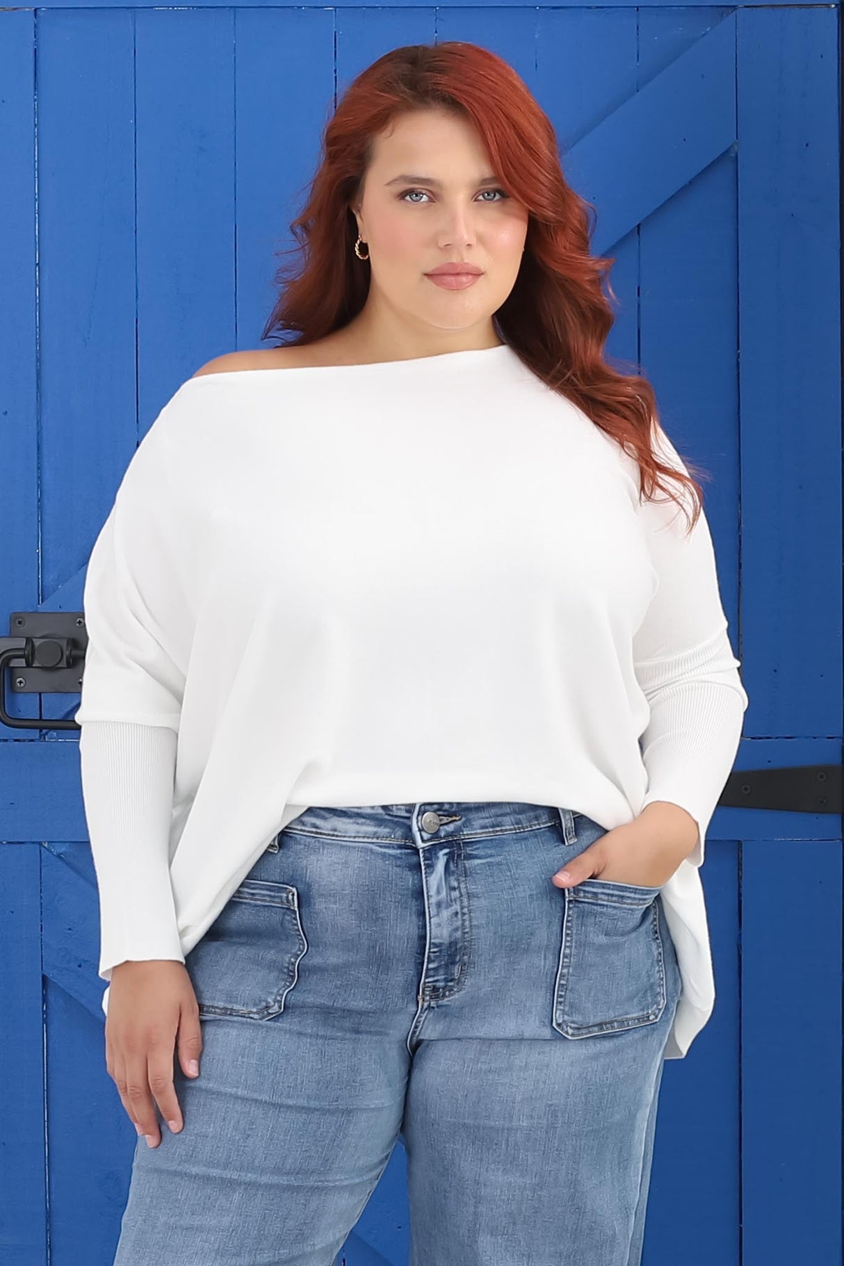 Belinda Knit Top - Boat Neckline Boxy Batwing Top in White