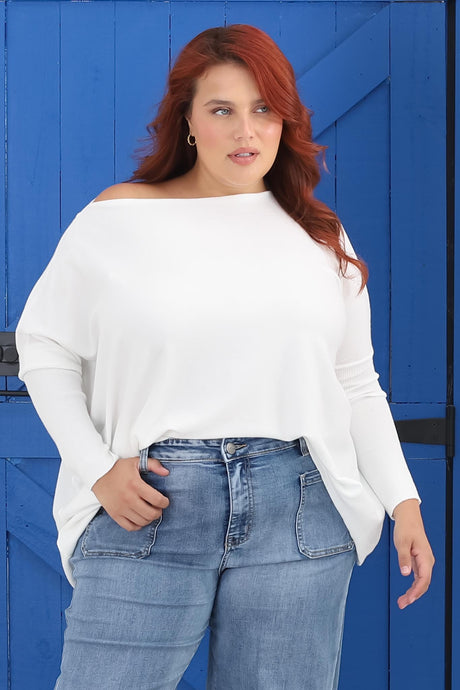 Belinda Knit Top - Boat Neckline Boxy Batwing Top in White