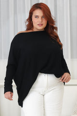 Belinda Knit Top - Boat Neckline Boxy Batwing Top in Black