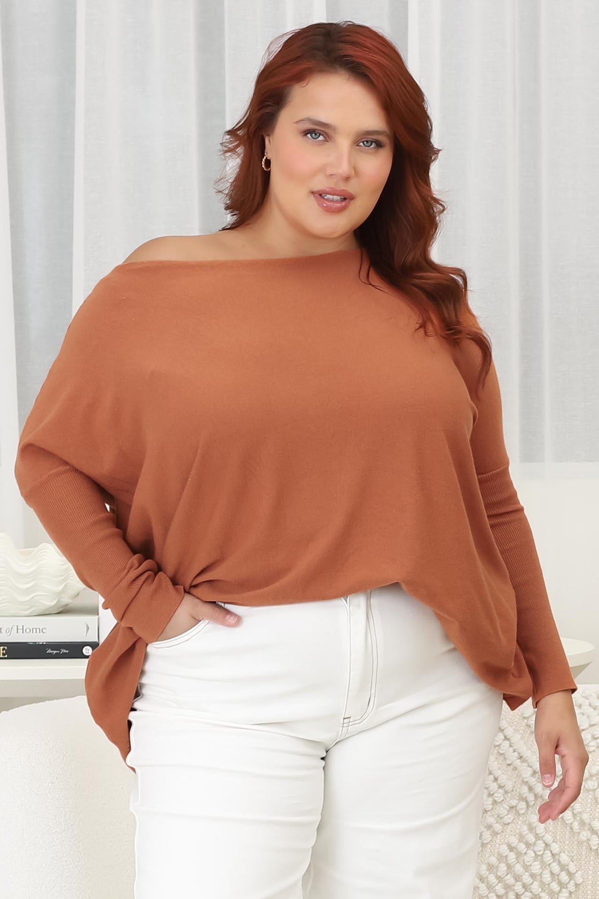 Belinda Knit Top - Boat Neckline Boxy Batwing Top in Rust