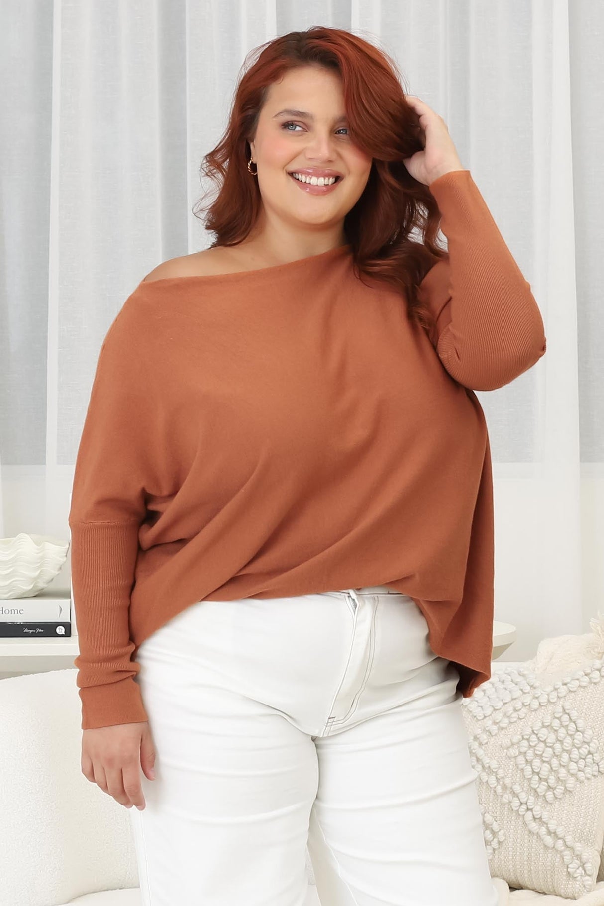 Belinda Knit Top - Boat Neckline Boxy Batwing Top in Rust