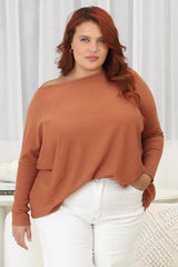 Belinda Knit Top - Boat Neckline Boxy Batwing Top in Rust