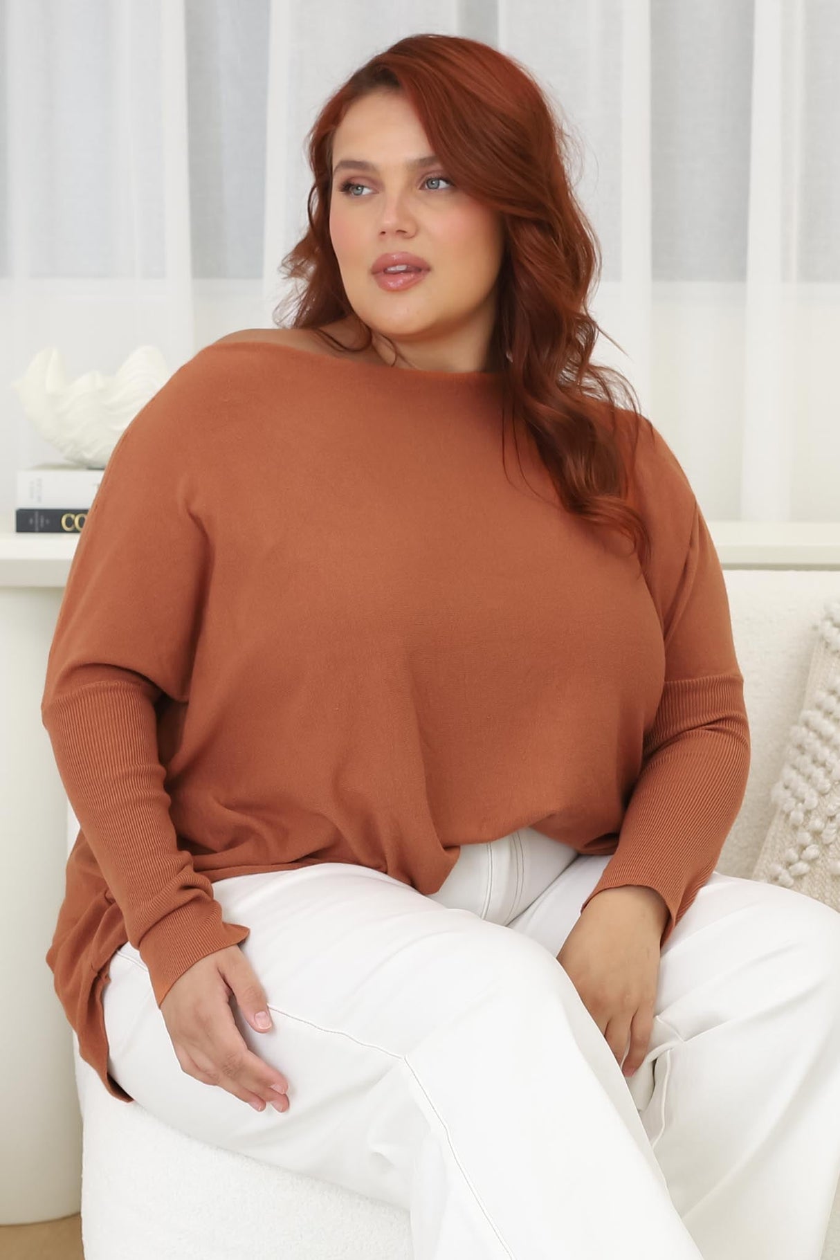 Belinda Knit Top - Boat Neckline Boxy Batwing Top in Rust