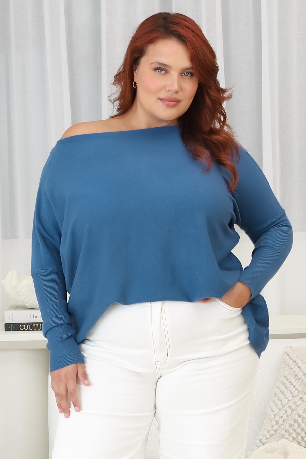 Belinda Knit Top - Boat Neckline Boxy Batwing Top in Navy