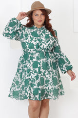 Esther Mini Dress - High Mandarin Collar Buttoned Dress with Waist Tie in Demi Green