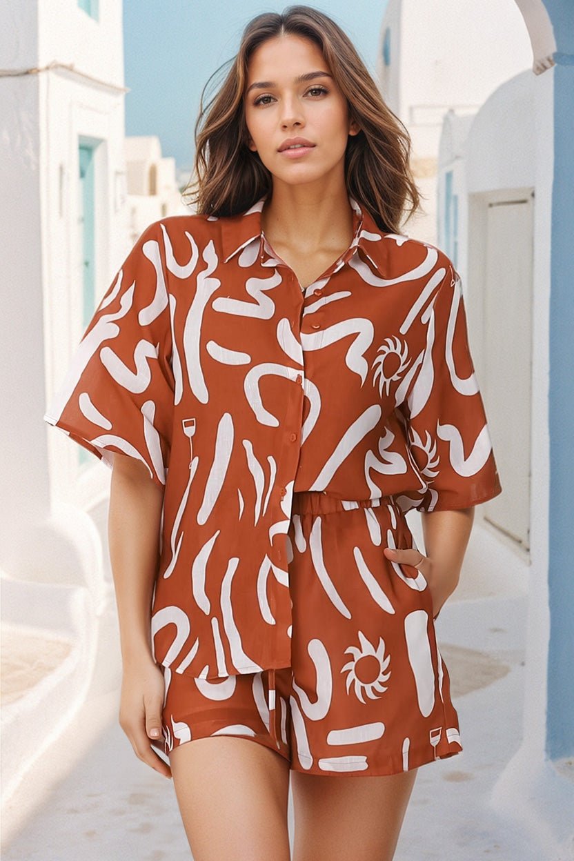 Talitha Button Up Shirt And Shorts Set - Daley Print in Rust