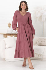 Maive Midi Dress - Shirred Bodice Tiered A Line Dress in Wine