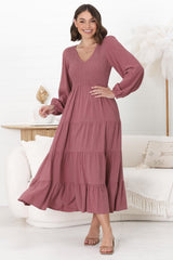 Maive Midi Dress - Shirred Bodice Tiered A Line Dress in Wine