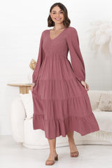 Maive Midi Dress - Shirred Bodice Tiered A Line Dress in Wine