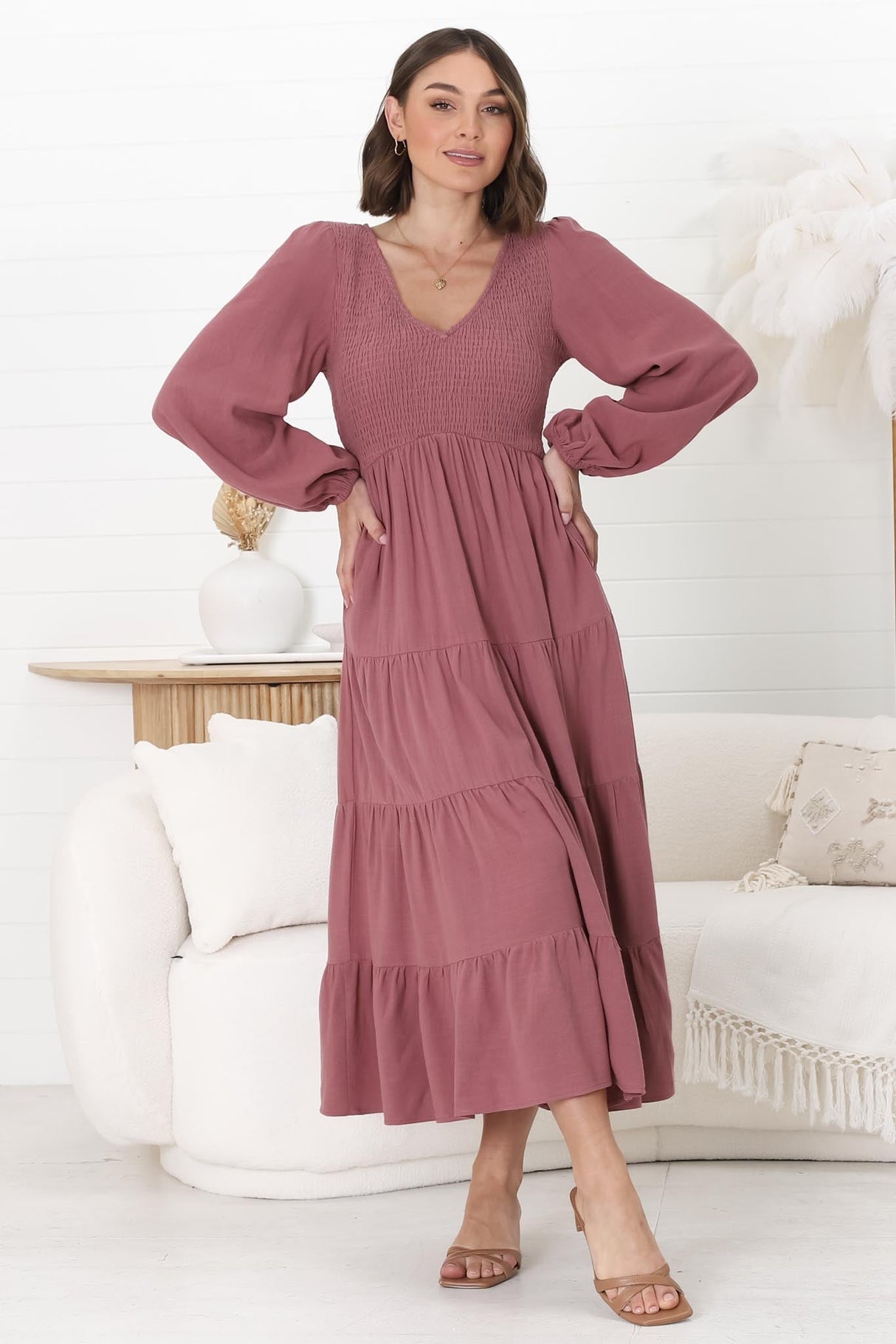 Maive Midi Dress - Shirred Bodice Tiered A Line Dress in Wine