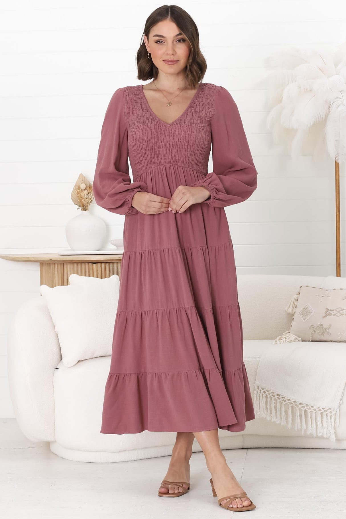 Maive Midi Dress - Shirred Bodice Tiered A Line Dress in Wine