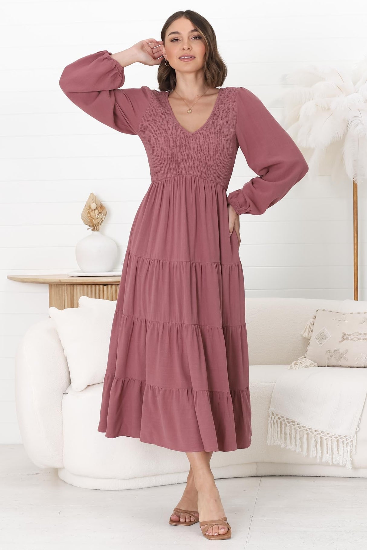 Maive Midi Dress - Shirred Bodice Tiered A Line Dress in Wine