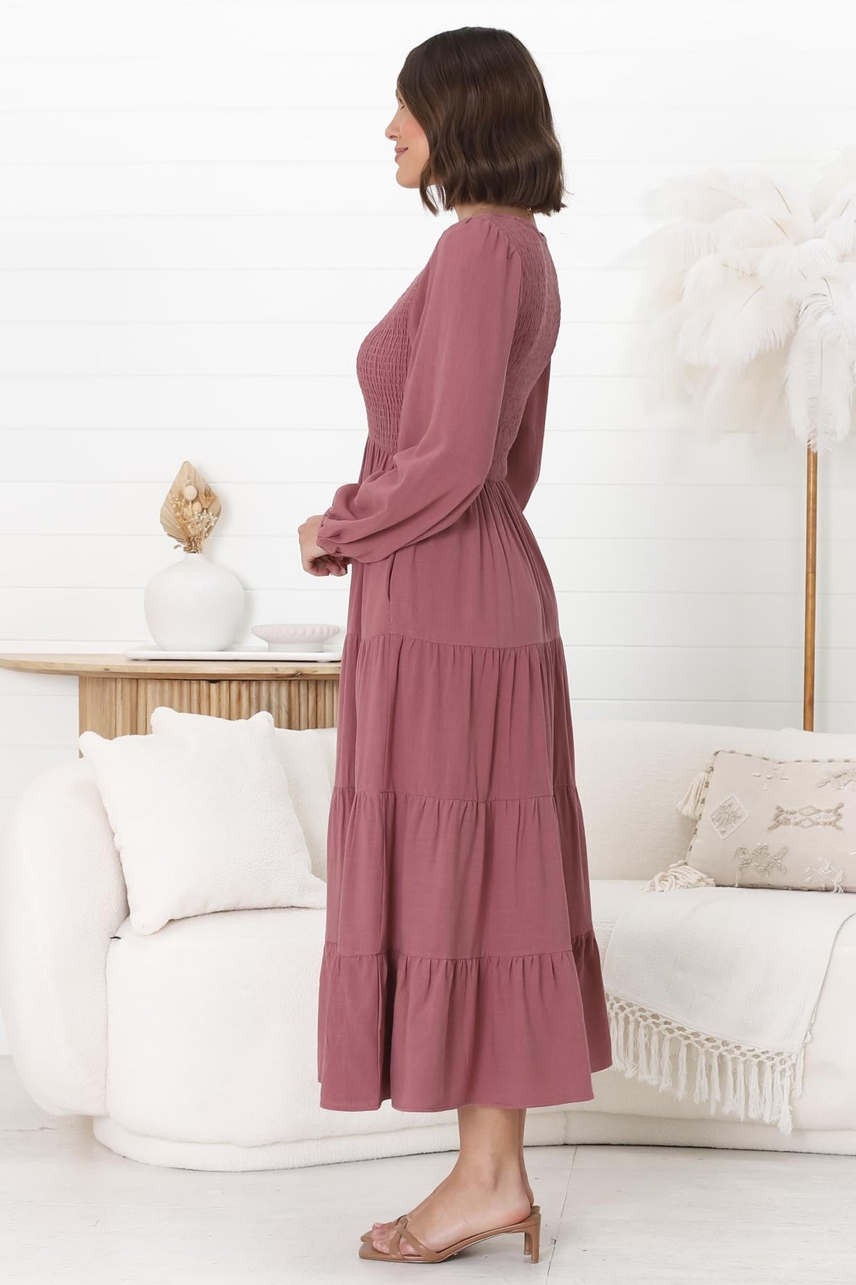 Maive Midi Dress - Shirred Bodice Tiered A Line Dress in Wine