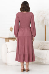 Maive Midi Dress - Shirred Bodice Tiered A Line Dress in Wine