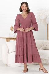 Maive Midi Dress - Shirred Bodice Tiered A Line Dress in Wine