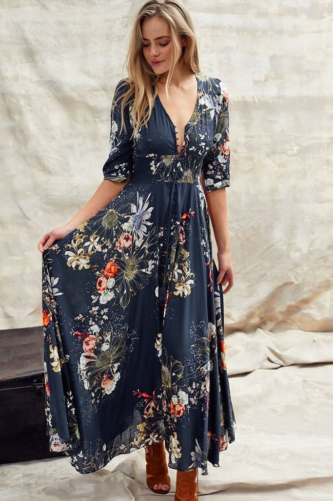 Indiana Maxi Dress Lace Back Shirred Waist Line Dress Handkerchief Hemline Print