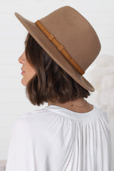 Empire Hat - Hard Brim Fedora with Thin Band Detail in Camel