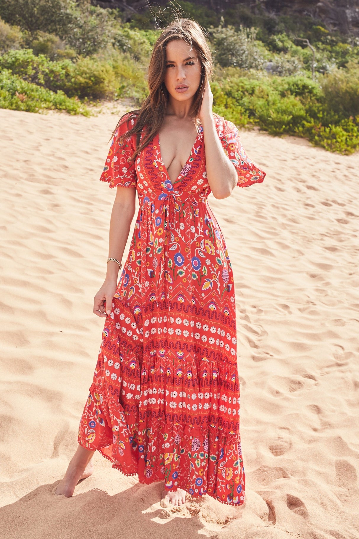 JAASE - Ashland Maxi Dress: V-Neck Batwing Sleeve Dress in Sweet Escape Print