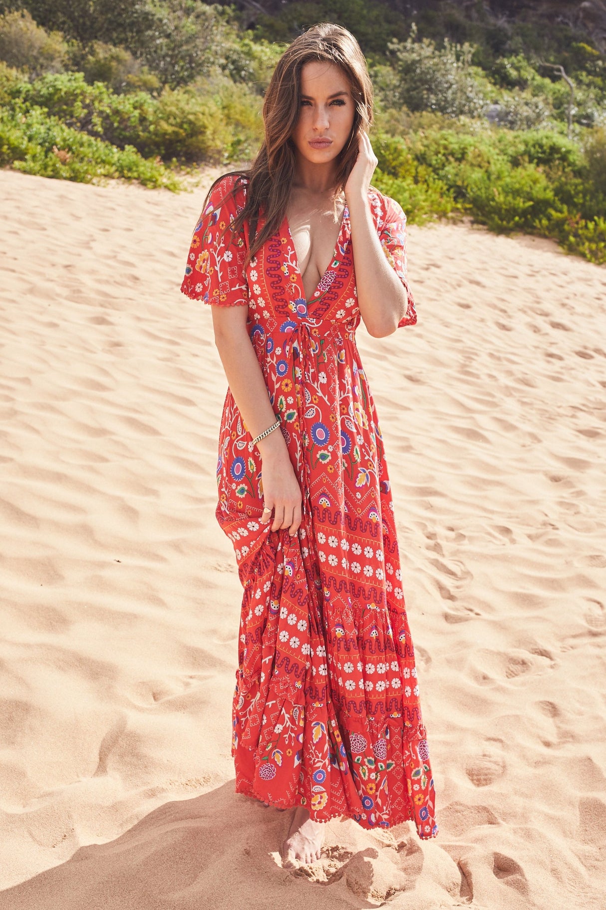 JAASE - Ashland Maxi Dress: V-Neck Batwing Sleeve Dress in Sweet Escape Print