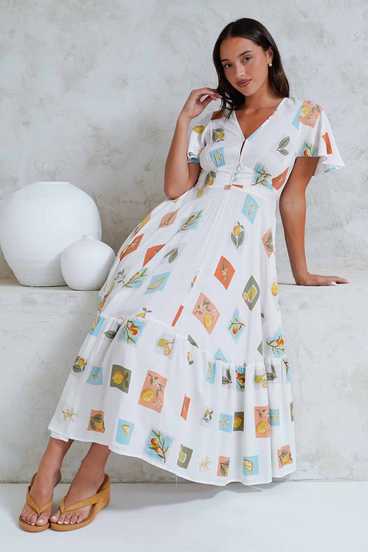 Libby Maxi Dress - Flutter Cap Sleeve Button Waist Detailed A Line Dress in Blondie Print