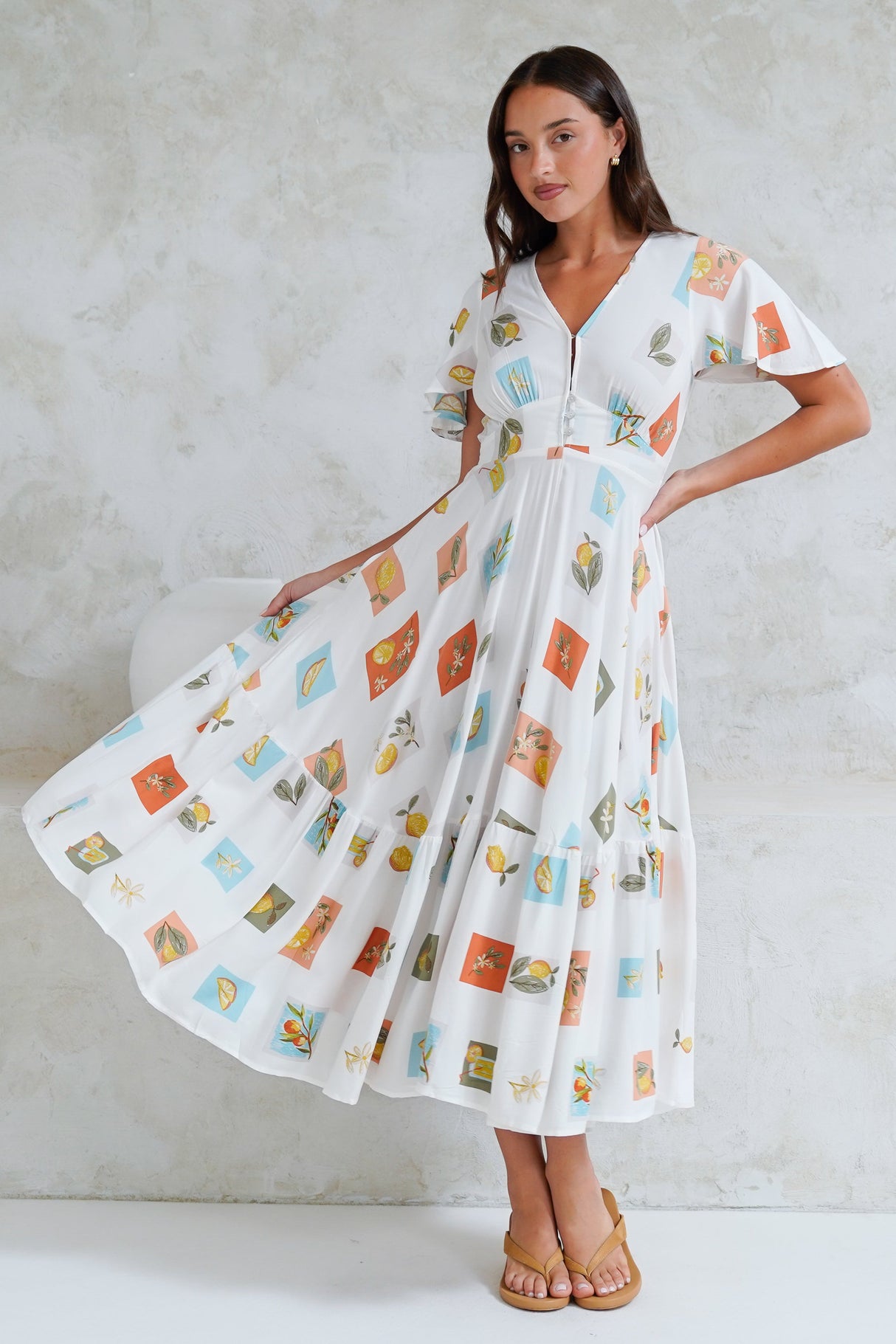 Libby Maxi Dress - Flutter Cap Sleeve Button Waist Detailed A Line Dress in Blondie Print