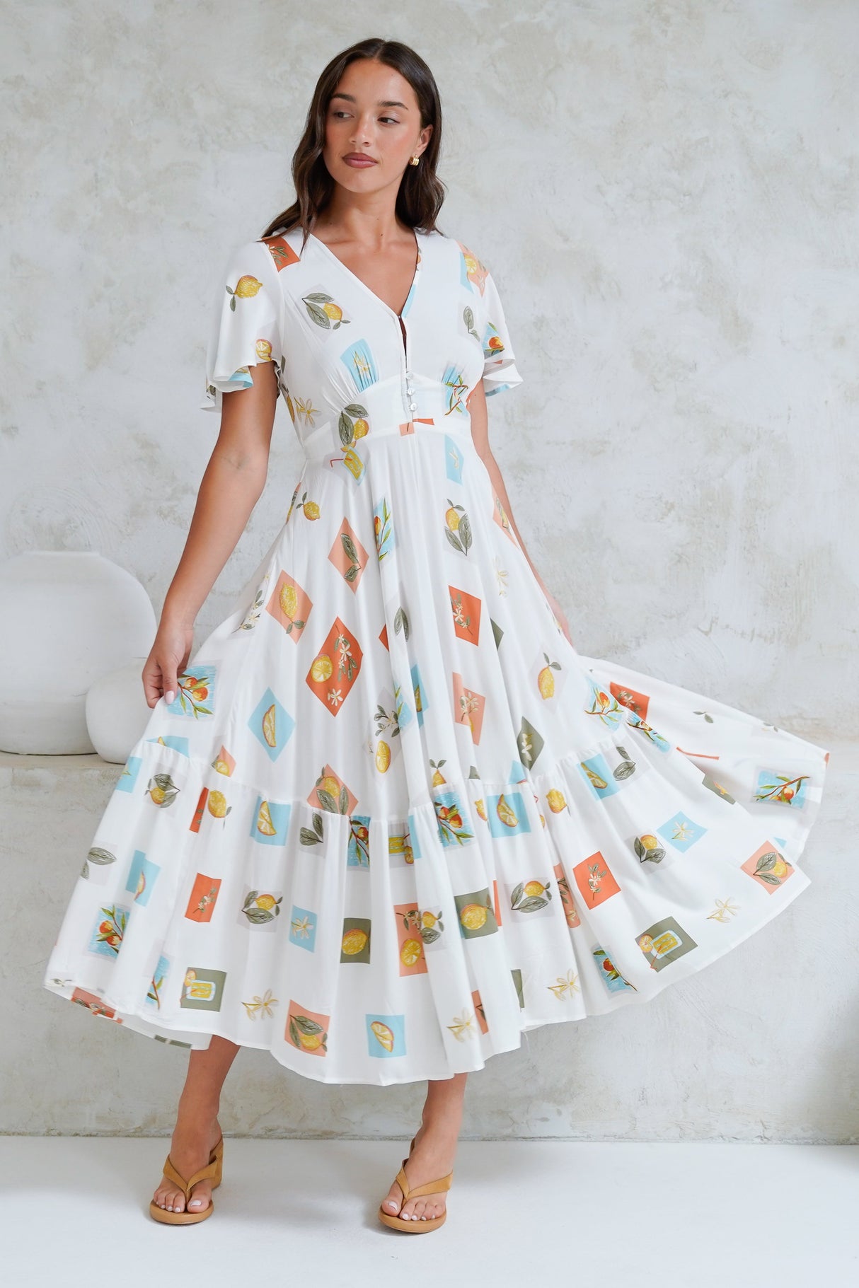 Libby Maxi Dress - Flutter Cap Sleeve Button Waist Detailed A Line Dress in Blondie Print