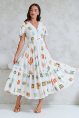 Libby Maxi Dress - Flutter Cap Sleeve Button Waist Detailed A Line Dress in Blondie Print