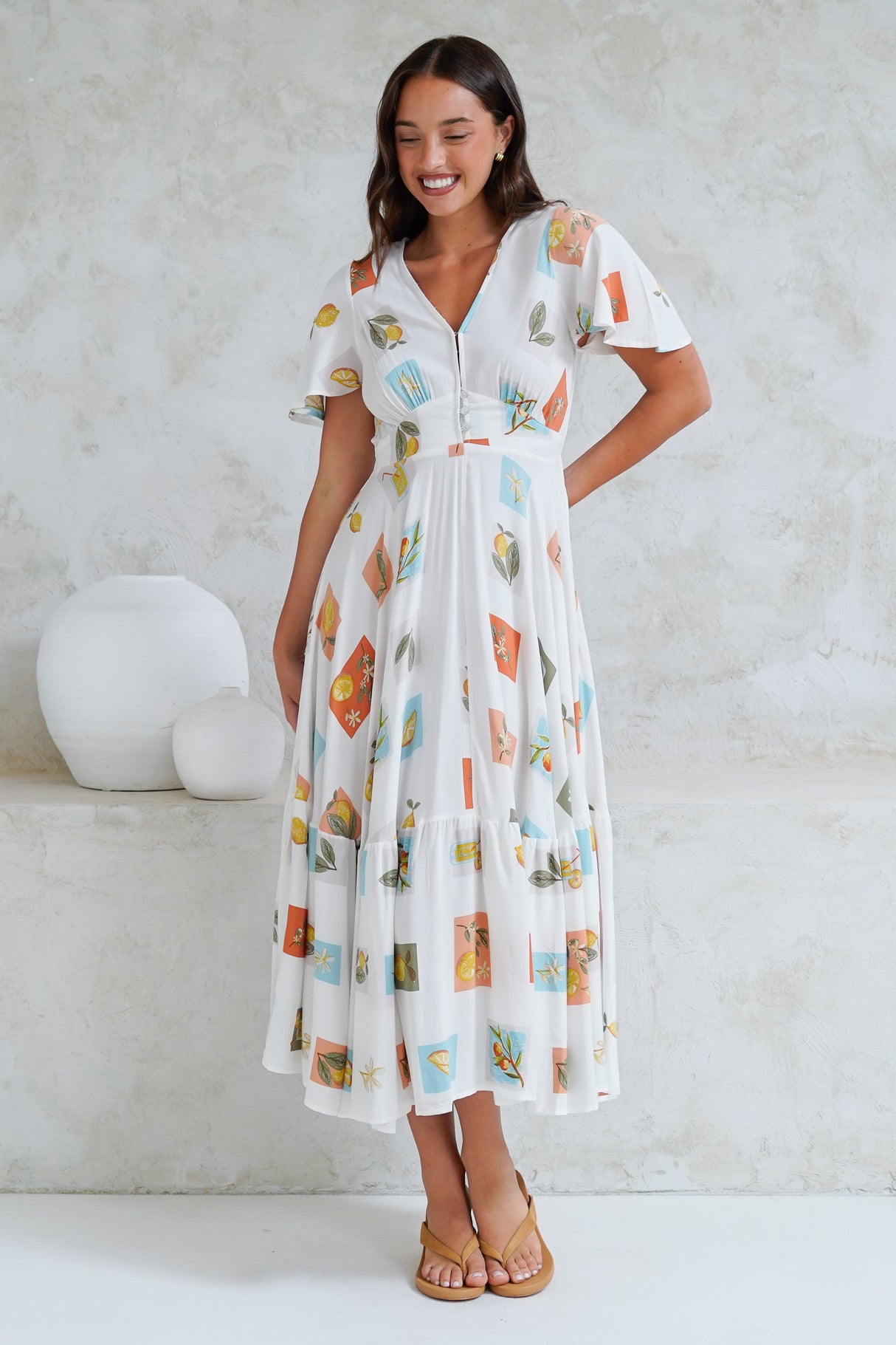 Libby Maxi Dress - Flutter Cap Sleeve Button Waist Detailed A Line Dress in Blondie Print
