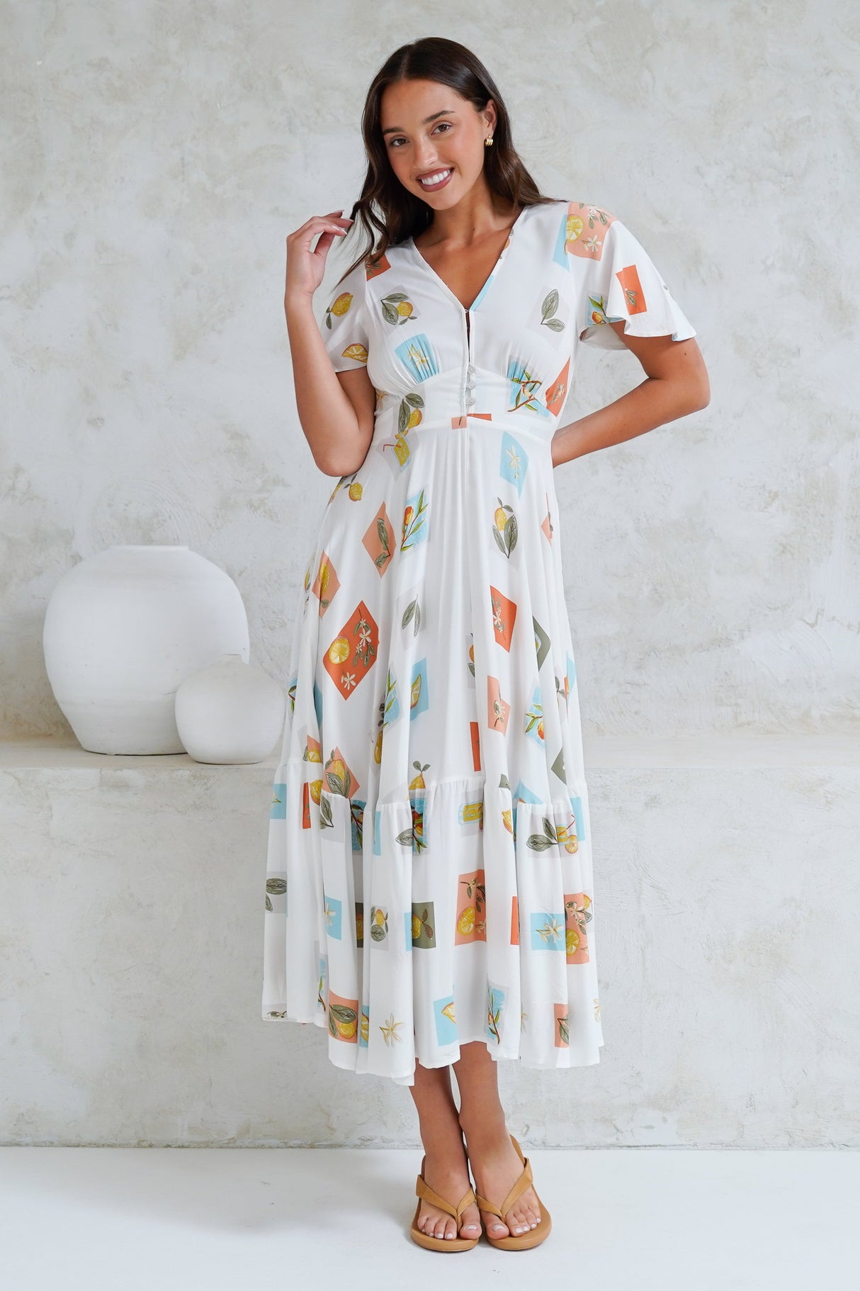 Libby Maxi Dress - Flutter Cap Sleeve Button Waist Detailed A Line Dress in Blondie Print