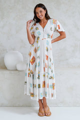 Libby Maxi Dress - Flutter Cap Sleeve Button Waist Detailed A Line Dress in Blondie Print