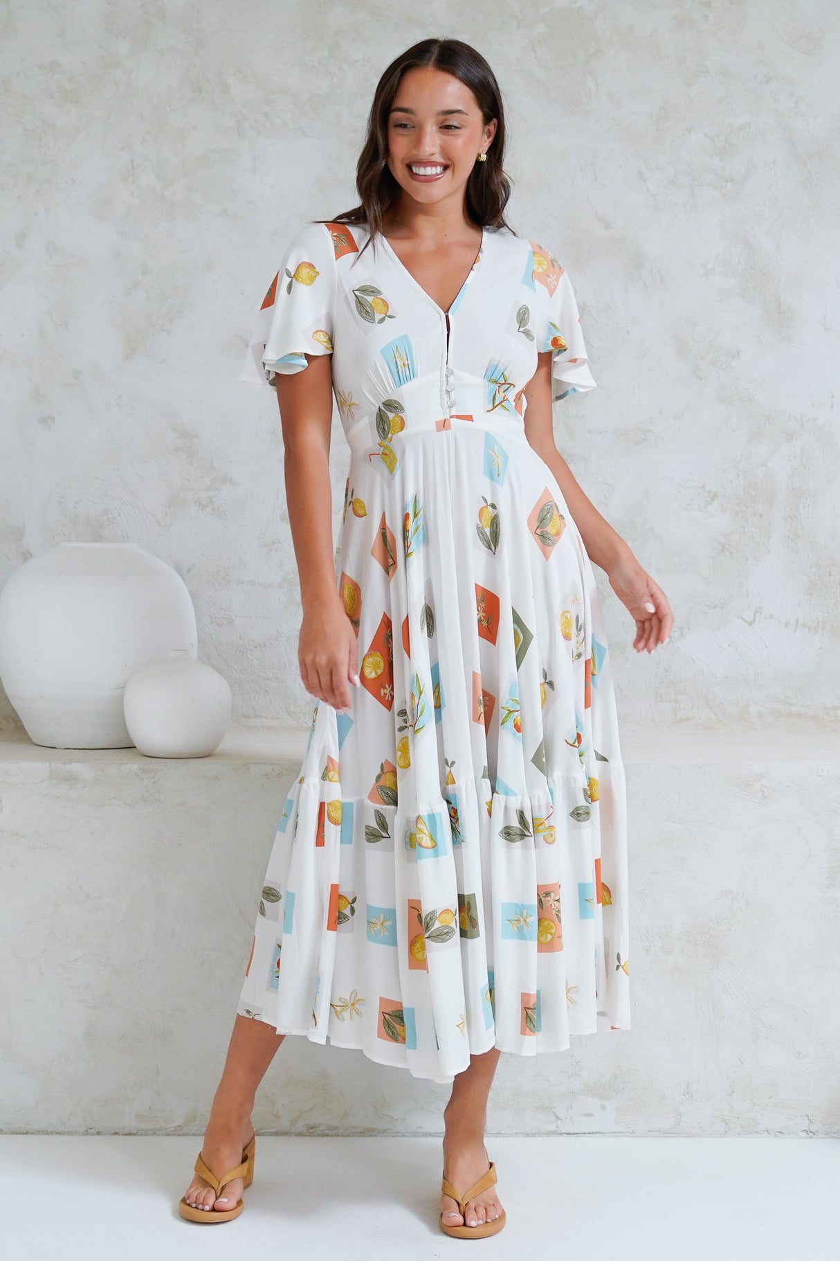Libby Maxi Dress - Flutter Cap Sleeve Button Waist Detailed A Line Dress in Blondie Print