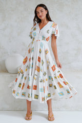 Libby Maxi Dress - Flutter Cap Sleeve Button Waist Detailed A Line Dress in Blondie Print