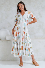 Libby Maxi Dress - Flutter Cap Sleeve Button Waist Detailed A Line Dress in Blondie Print
