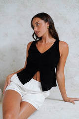 Shonie Top - Neck Neck Top with Front Split and Gather Drawstring in Black
