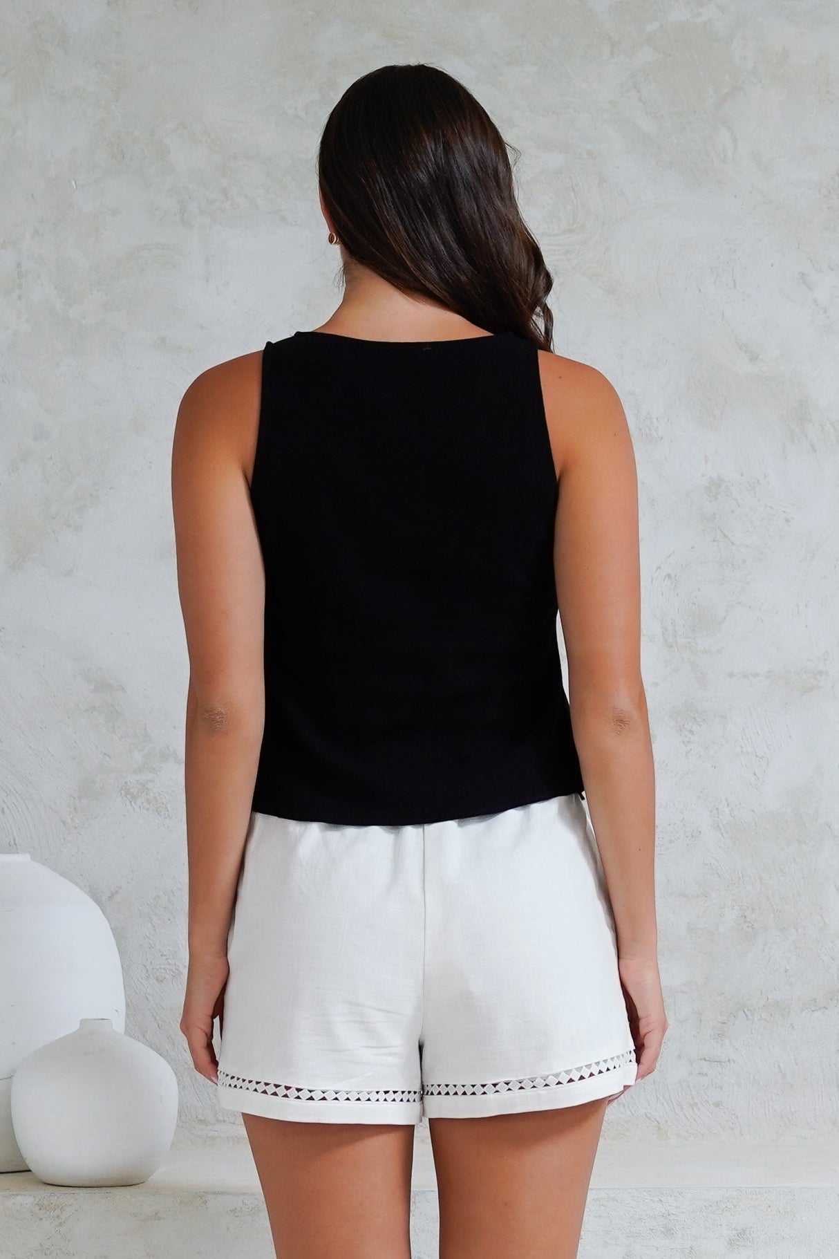 Shonie Top - Neck Neck Top with Front Split and Gather Drawstring in Black