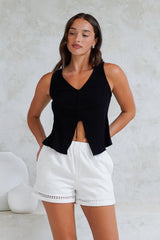 Shonie Top - Neck Neck Top with Front Split and Gather Drawstring in Black