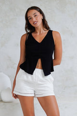 Shonie Top - Neck Neck Top with Front Split and Gather Drawstring in Black