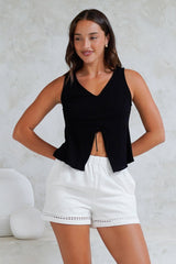 Shonie Top - Neck Neck Top with Front Split and Gather Drawstring in Black