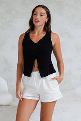 Shonie Top - Neck Neck Top with Front Split and Gather Drawstring in Black