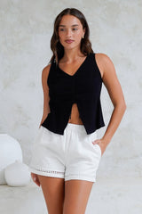 Shonie Top - Neck Neck Top with Front Split and Gather Drawstring in Black