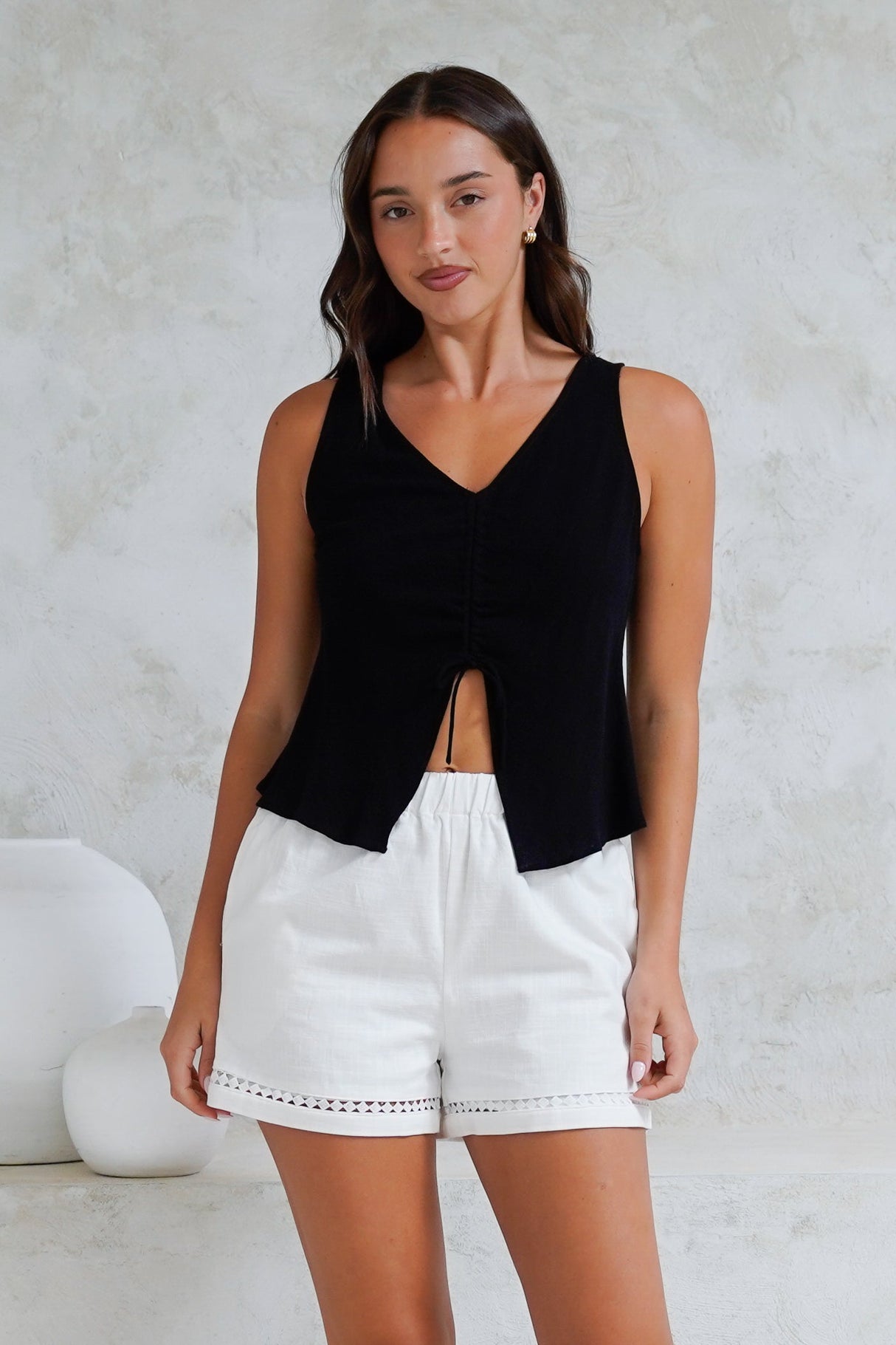 Shonie Top - Neck Neck Top with Front Split and Gather Drawstring in Black