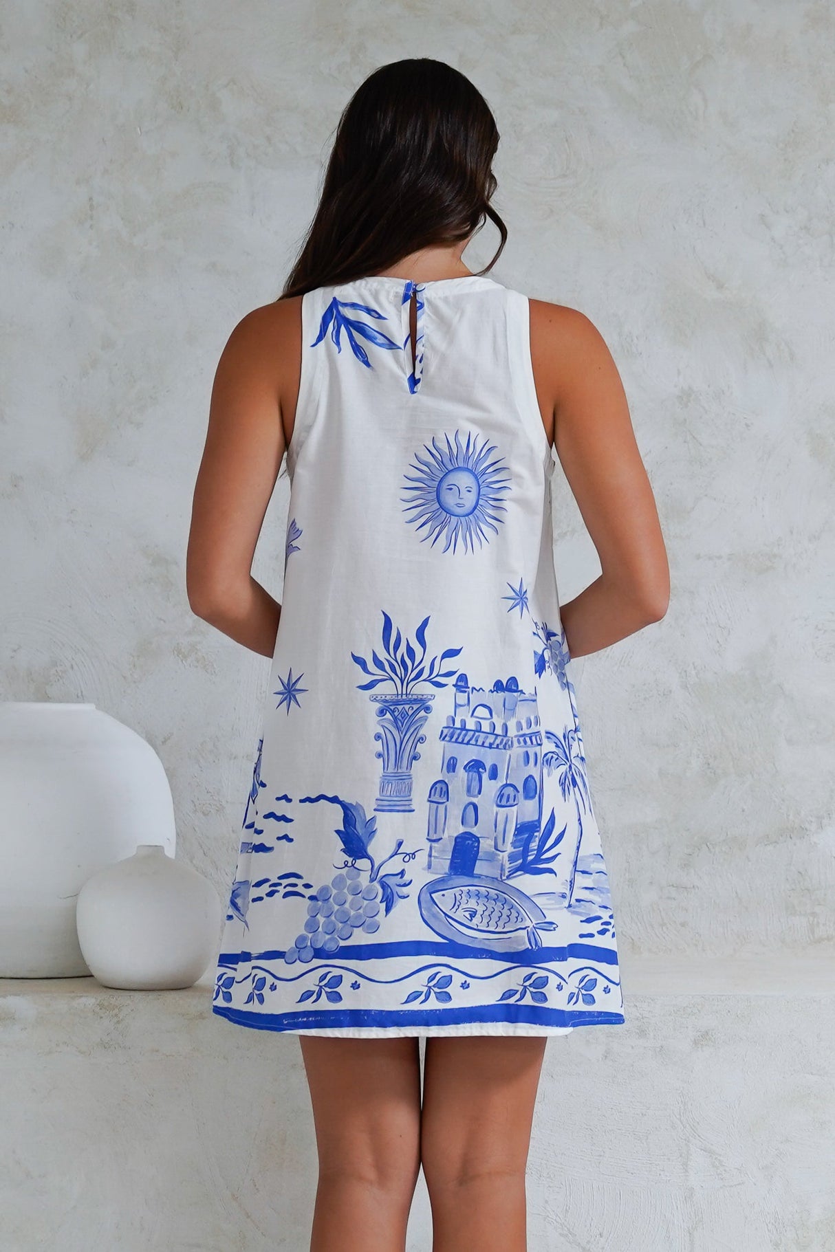 Pebbles Mini Dress - Halter Neck Shift Dress with Pockets in Daytona Print