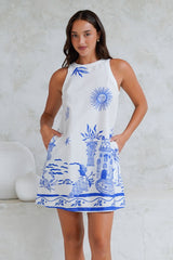 Pebbles Mini Dress - Halter Neck Shift Dress with Pockets in Daytona Print