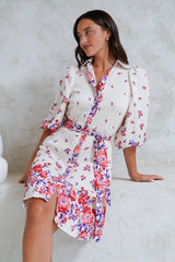 Francine Mini Dress - Collared Shirt Dress with Matching Belt in Huxton Print Red