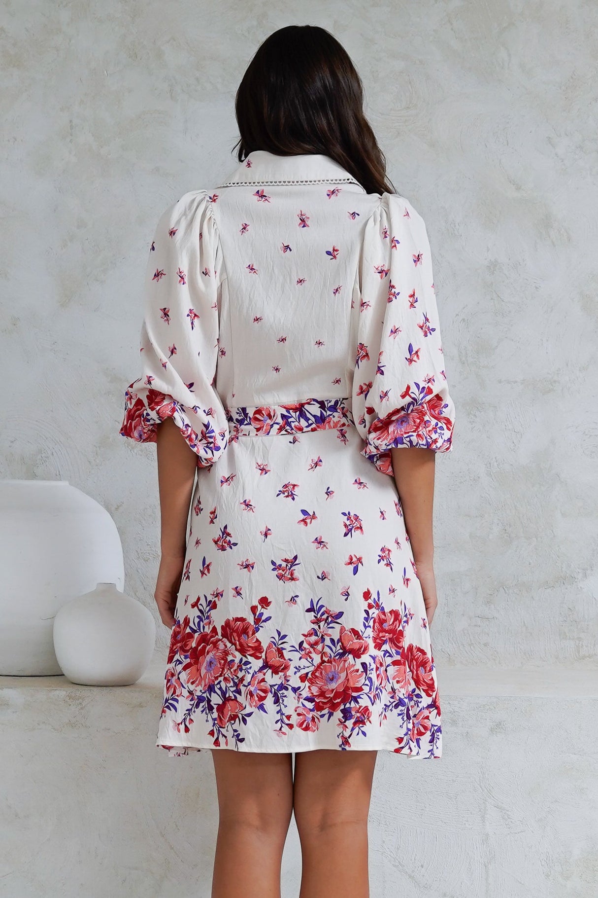 Francine Mini Dress - Collared Shirt Dress with Matching Belt in Huxton Print Red