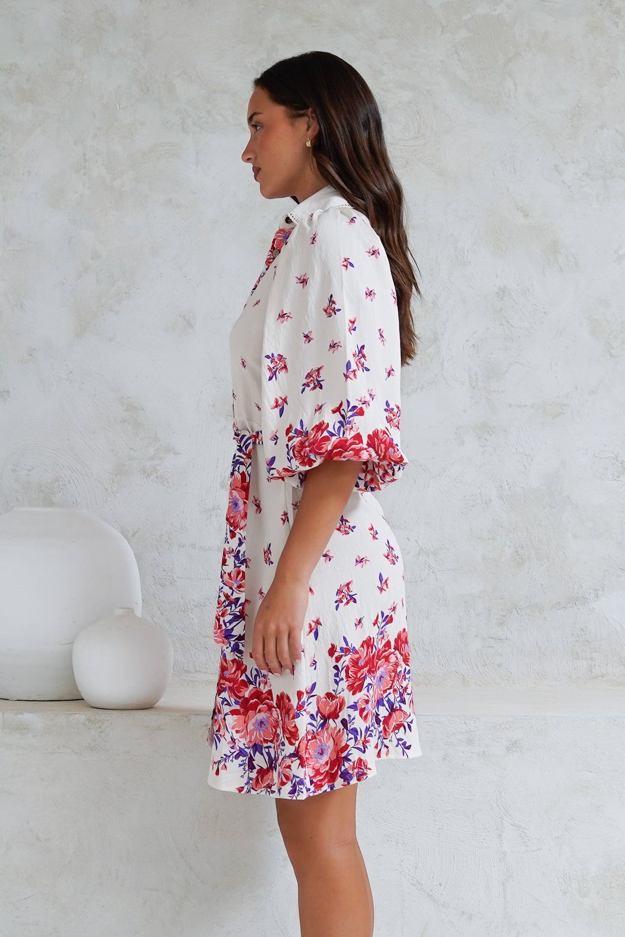 Francine Mini Dress - Collared Shirt Dress with Matching Belt in Huxton Print Red