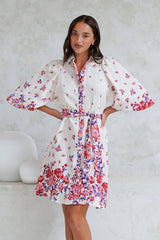 Francine Mini Dress - Collared Shirt Dress with Matching Belt in Huxton Print Red