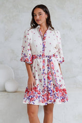 Francine Mini Dress - Collared Shirt Dress with Matching Belt in Huxton Print Red