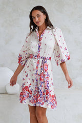 Francine Mini Dress - Collared Shirt Dress with Matching Belt in Huxton Print Red